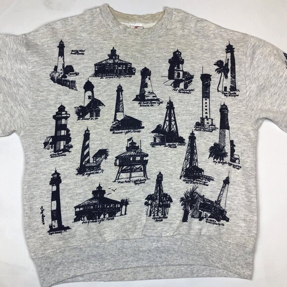 Vintage 90s Light Houses All Over Print AOP Crewneck Gray Sweatshirt Size Large - Picture 4 of 10